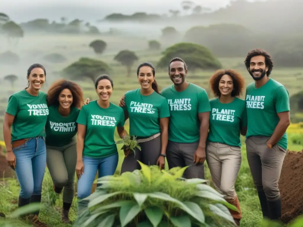 Grupo diverso de voluntarios plantando árboles en campamento uruguayo, rodeados de flora y fauna, con camisetas verdes