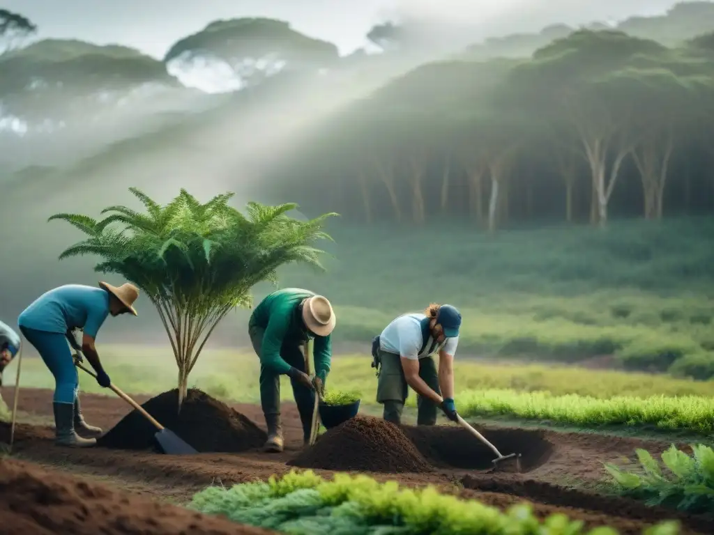 Un grupo diverso de voluntarios planta árboles en un bosque de Uruguay, creando una escena serena de campismo sostenible