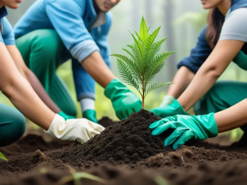 Un grupo diverso de voluntarios planta árboles en un camping de Uruguay, destacando la reforestación comunitaria