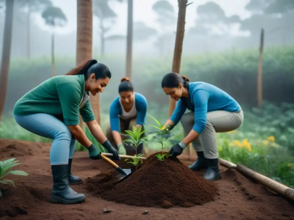 Grupo diverso de voluntarios plantando árboles en un bosque de Uruguay