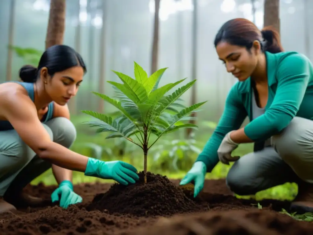 Un grupo diverso de voluntarios planta árboles jóvenes en un bosque de Uruguay