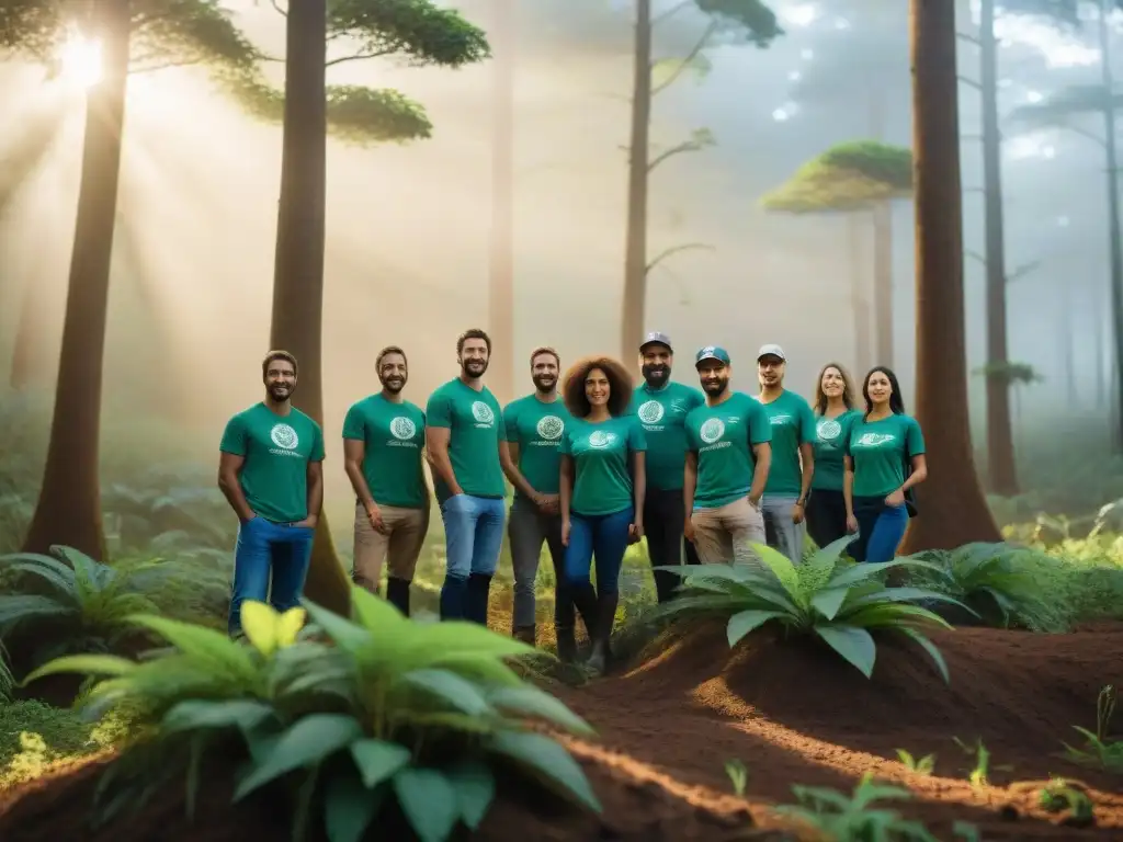 Grupo diverso de voluntarios plantando árboles nativos en un bosque exuberante de Uruguay