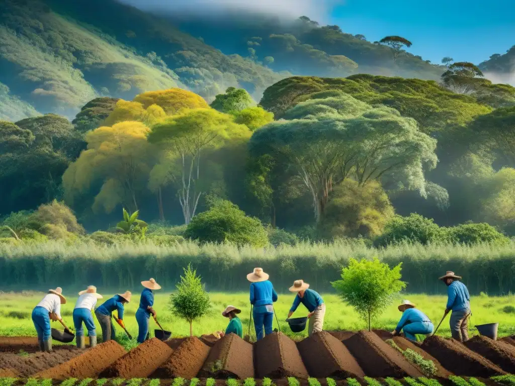 Un grupo diverso de voluntarios planta árboles nativos en Uruguay, mostrando la belleza de la conservación y la naturaleza