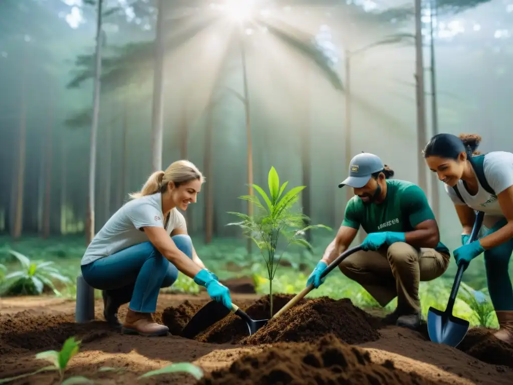 Un grupo diverso de voluntarios planta árboles nativos en un bosque de Uruguay