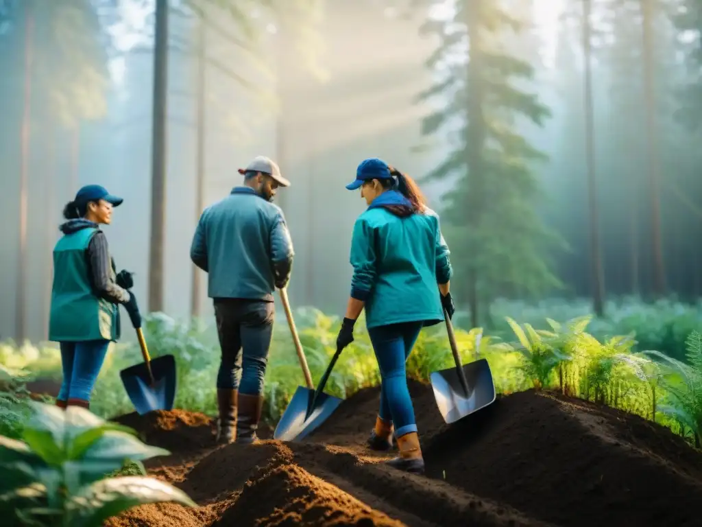 Grupo diverso de voluntarios plantando árboles en un bosque exuberante