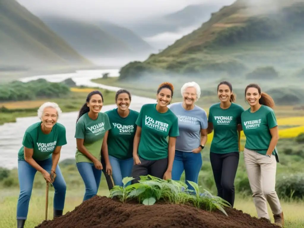 Un grupo diverso de voluntarios en campamentos en Uruguay, plantando árboles y construyendo refugios en un entorno natural exuberante