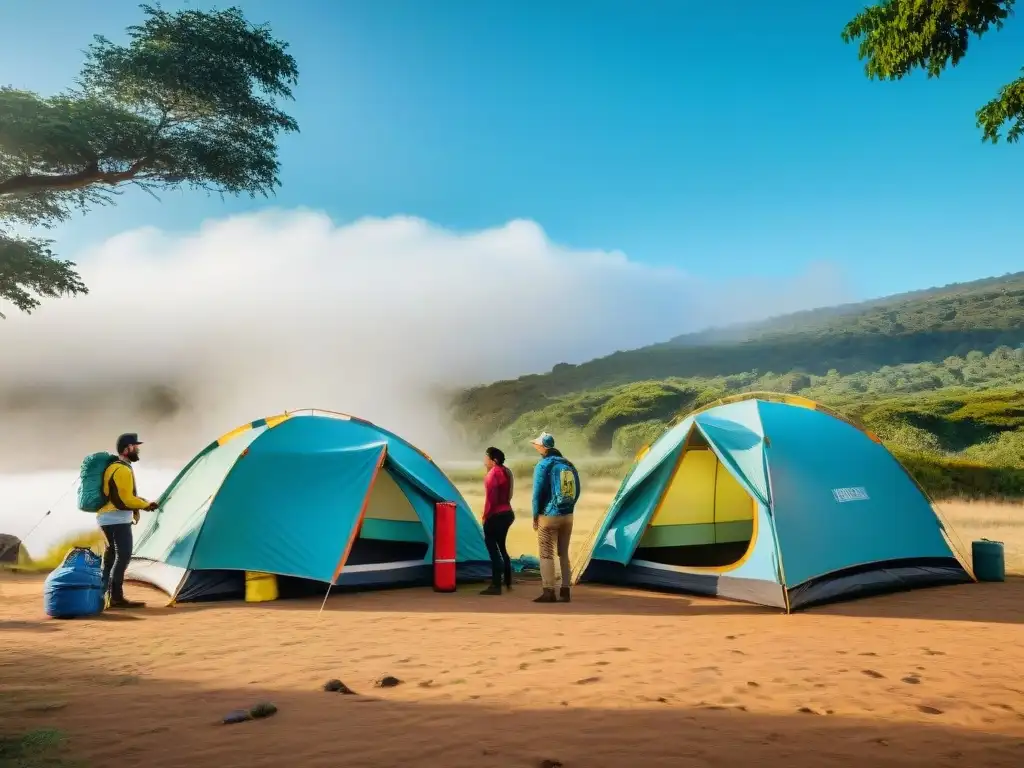 Grupo diverso de voluntarios montando carpas en un camping de Uruguay, uniendo comunidades en armonía