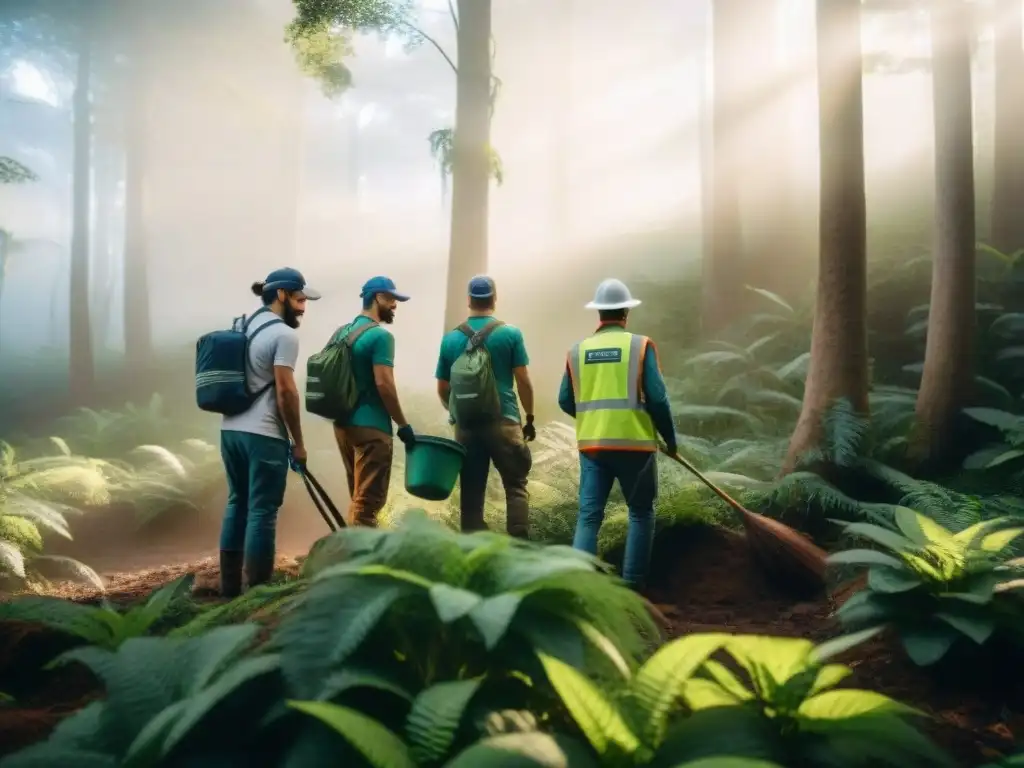 Grupo diverso de voluntarios trabajando juntos en la conservación de la biodiversidad en un bosque de Uruguay