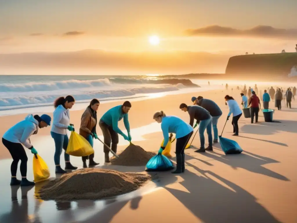 Un grupo diverso de voluntarios limpia una playa en Uruguay al atardecer