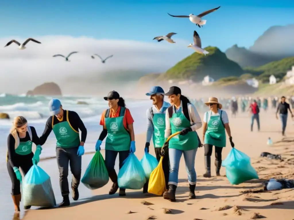 Un grupo diverso de voluntarios limpia una playa en Uruguay, uniendo edades, etnias y géneros