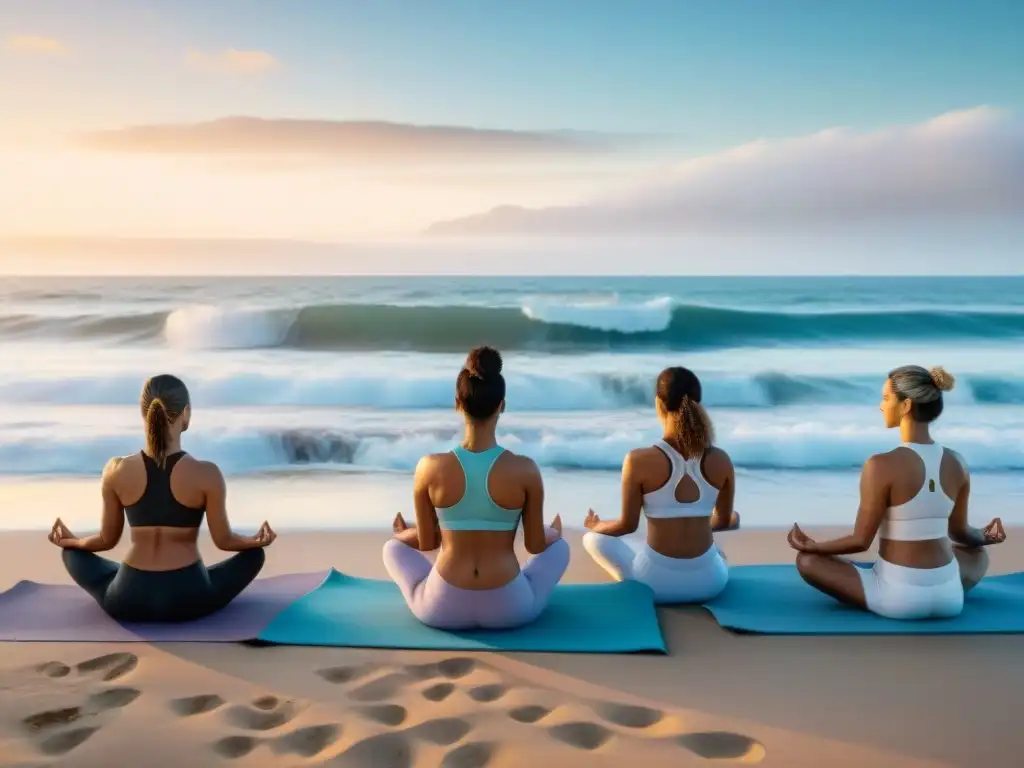 Grupo diverso practicando yoga al amanecer en la playa de Uruguay, con mar y cielo pastel