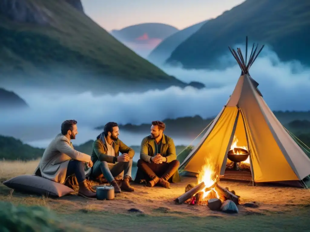 Grupo elegante de campistas disfrutando de una cena de lujo alrededor de una fogata al anochecer en un camping de lujo en Uruguay