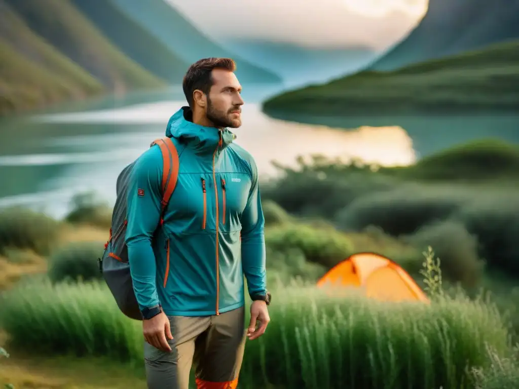 Grupo de entusiastas al aire libre con innovaciones en ropa de camping de alta tecnología en un entorno natural