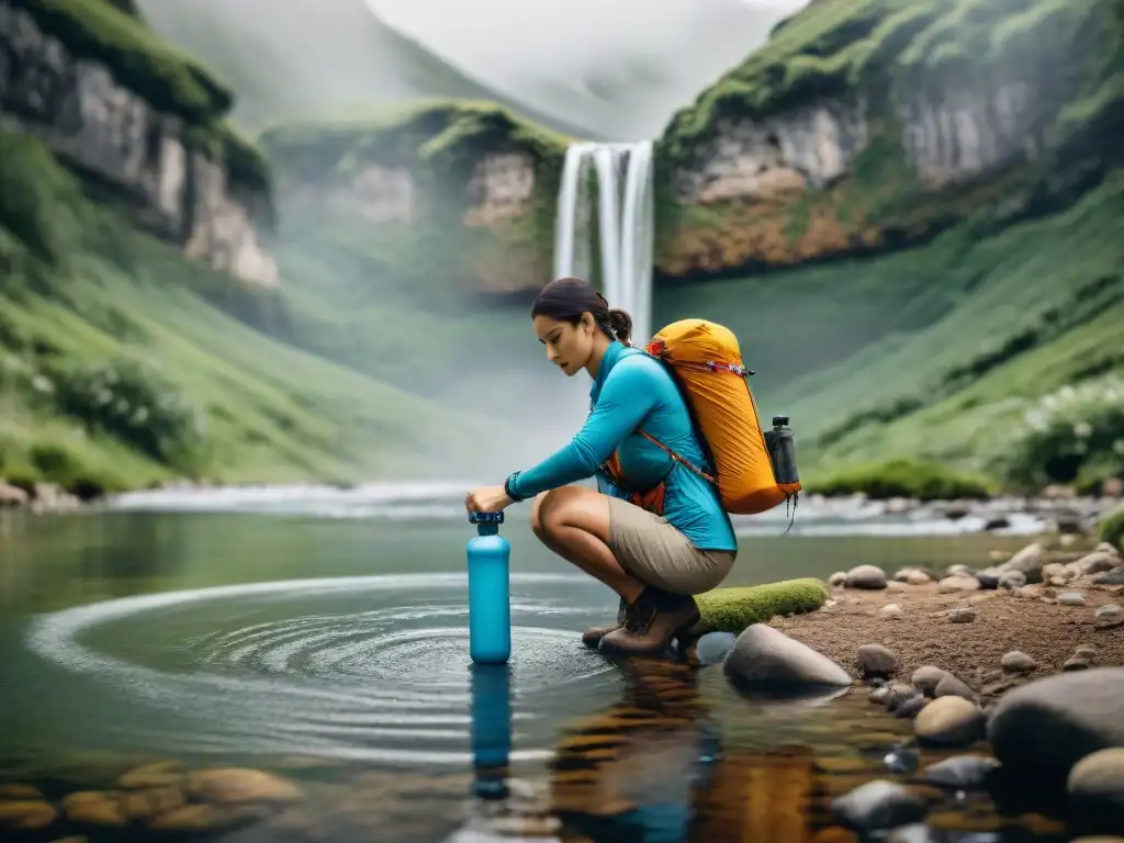 Grupo de entusiastas al aire libre instalando sistema de filtración de agua junto a arroyo de montaña