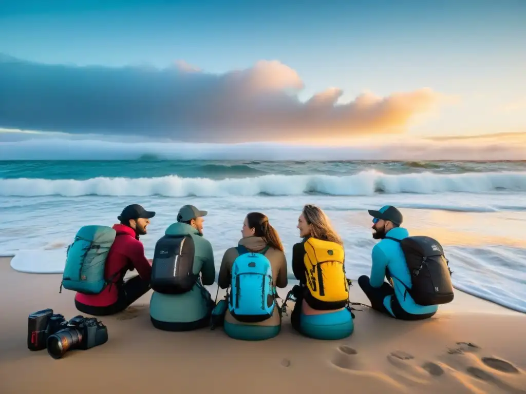 Un grupo de entusiastas campistas preparando una cámara acuática en una tranquila playa de Uruguay al atardecer