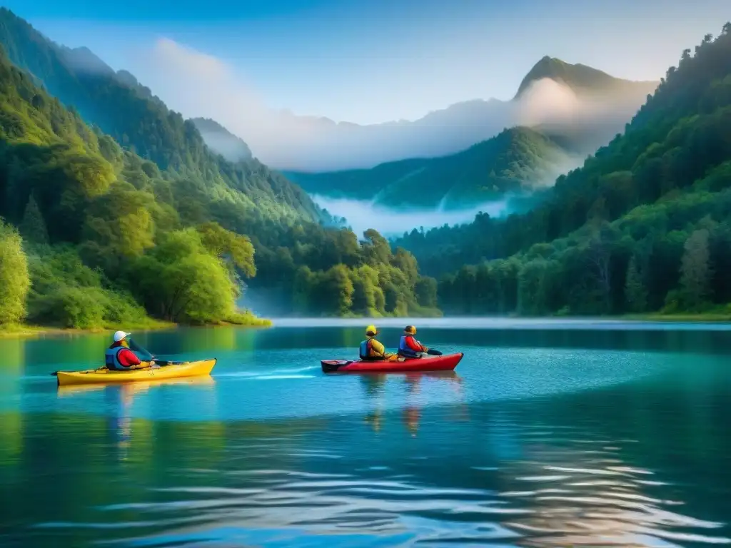 Un grupo de entusiastas campistas remando en kayaks coloridos en un lago sereno rodeado de bosques verdes bajo un cielo azul claro