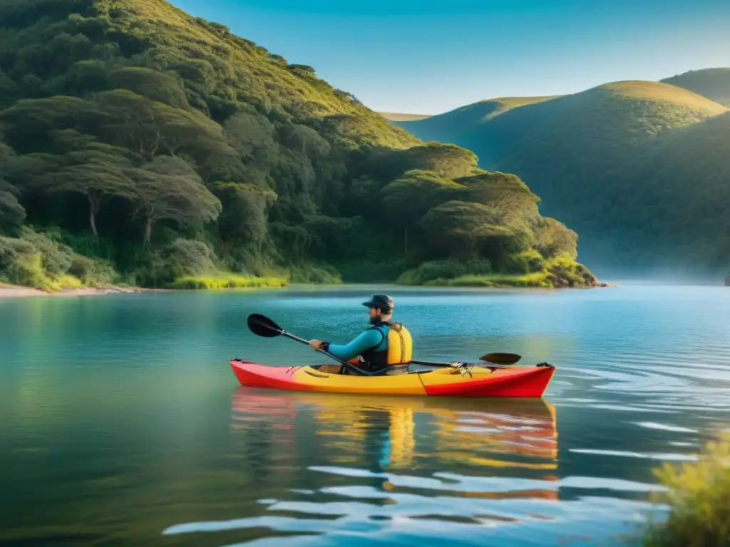 Un grupo de entusiastas campistas en Uruguay disfruta de deportes acuáticos en kayaks coloridos en un río sereno