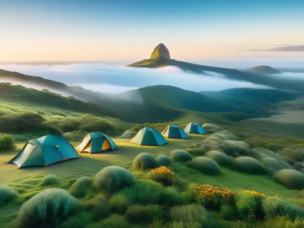 Grupo de entusiastas campistas con mochilas técnicas explorando paisajes verdes de Uruguay