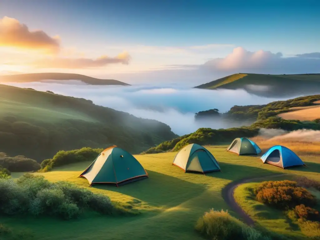 Un grupo de entusiastas campistas montando tiendas en un campamento pintoresco en Uruguay al atardecer