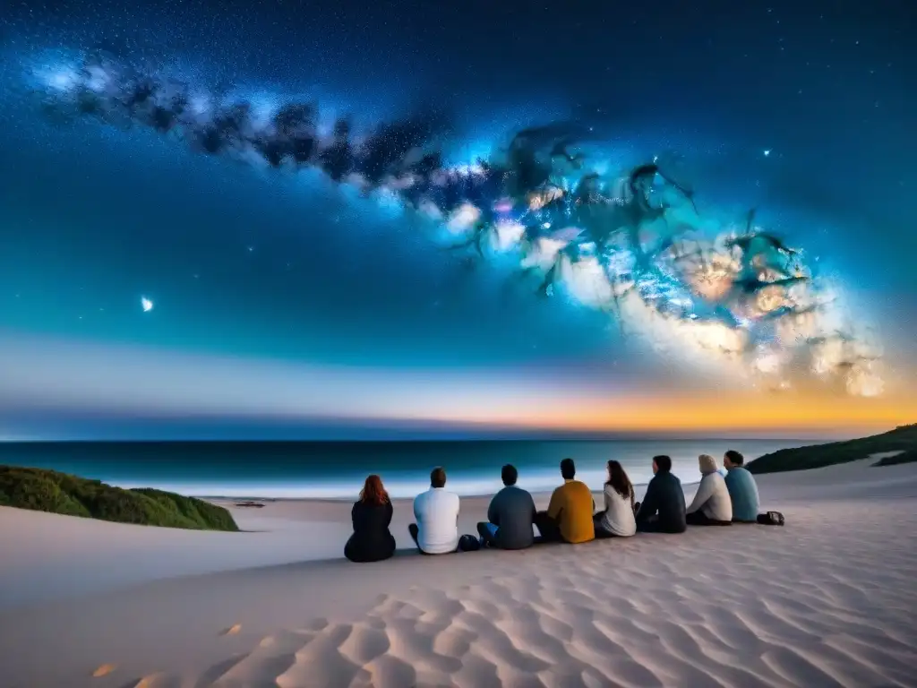 Grupo de entusiastas observadores astronómicos en la playa de Uruguay bajo un cielo estrellado