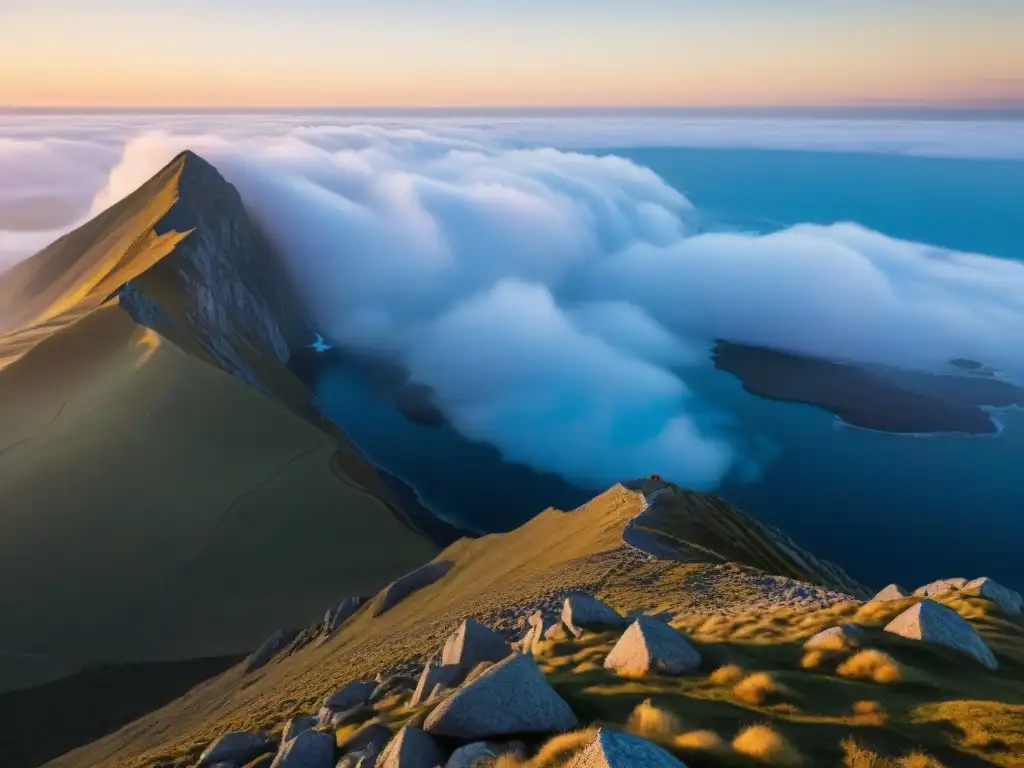 Un grupo de escaladores alcanza la cima del Pan de Azúcar en Uruguay al atardecer, con el vasto paisaje rocoso extendiéndose bajo ellos