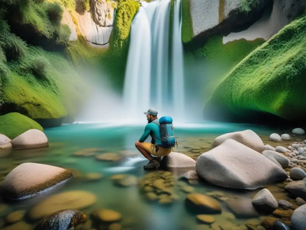 Grupo de excursionistas filtrando agua de un arroyo cristalino en la exuberante naturaleza de Uruguay con filtros de agua portátiles camping