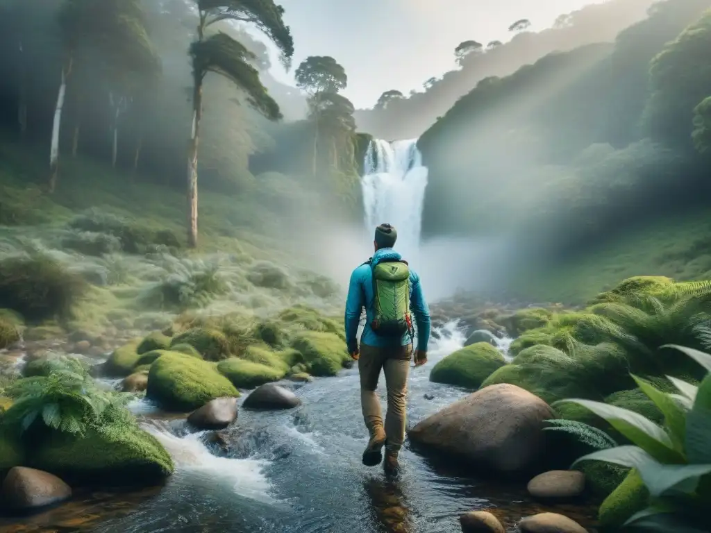 Un grupo de excursionistas en Uruguay, equipados con innovadores filtros de agua, explorando un bosque con un arroyo cristalino