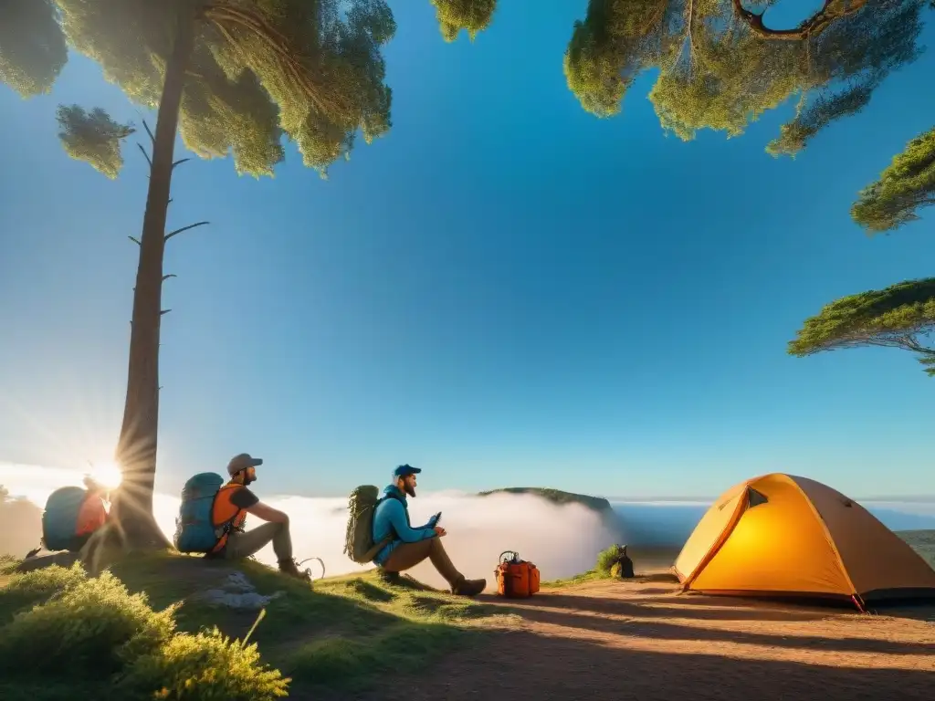 Un grupo de excursionistas preparando su equipo de camping en un área de conservación de Uruguay