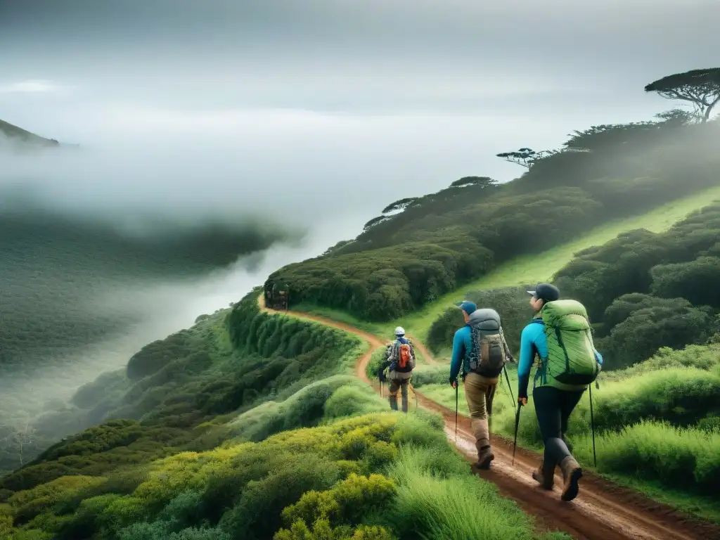 Un grupo de excursionistas experimentados con los Mejores GPS para camping en Uruguay, explorando un exuberante bosque