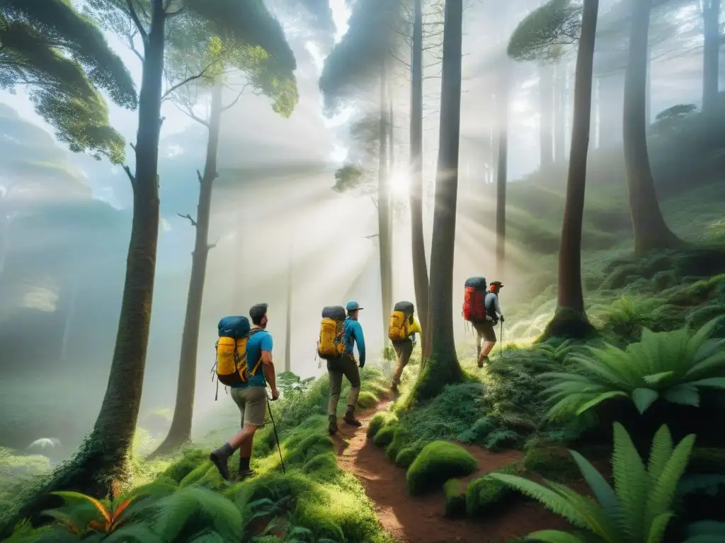 Un grupo de excursionistas experimentados con mochilas técnicas para camping en Uruguay, explorando un bosque exuberante