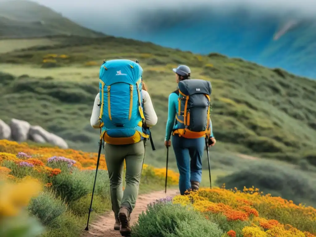 Un grupo de excursionistas experimentados con mochilas ultraligeras recorriendo los paisajes de Uruguay