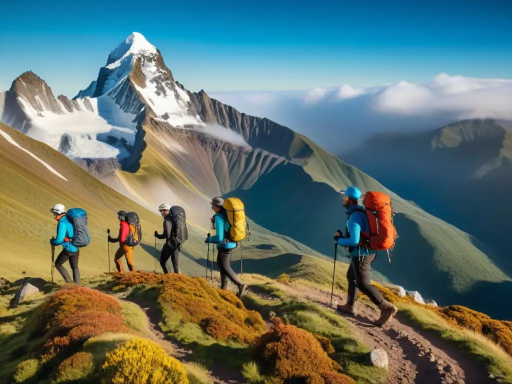 Grupo de excursionistas experimentados con ropa técnica para camping en Uruguay, explorando los desafiantes Andes