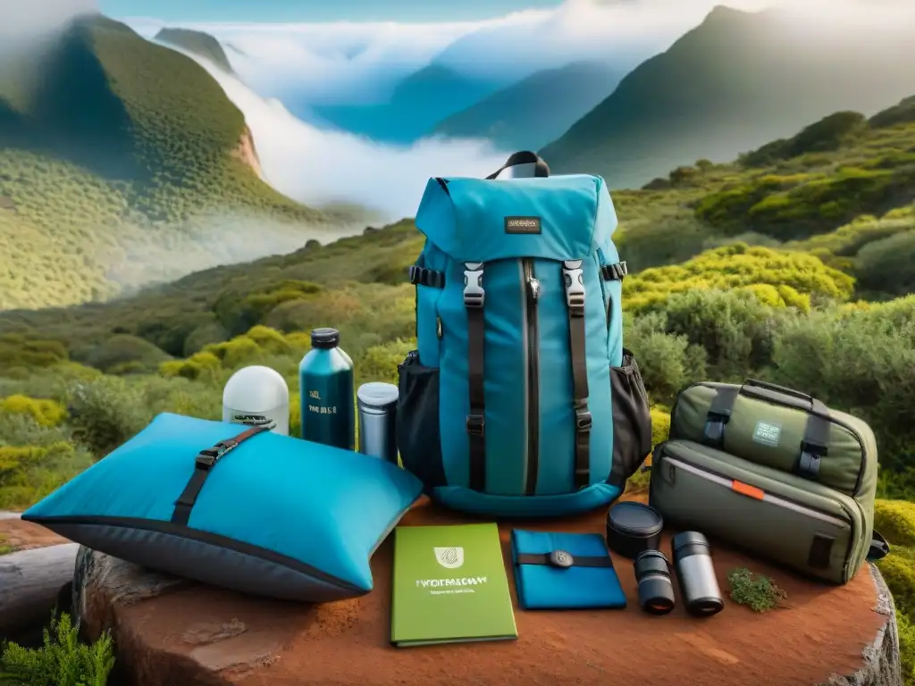 Un grupo de excursionistas expertos preparando meticulosamente sus mochilas en la naturaleza uruguaya, mostrando la importancia de la preparación