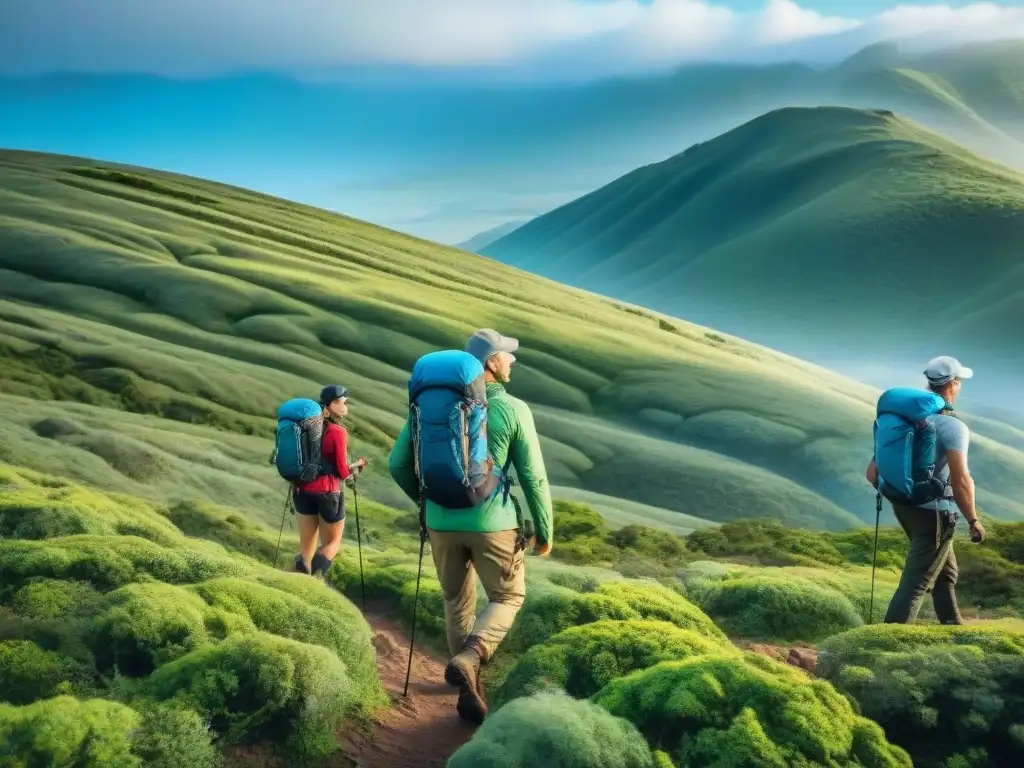 Grupo de excursionistas con GPS de alta gama explorando paisajes verdes de Uruguay, bajo cielo azul