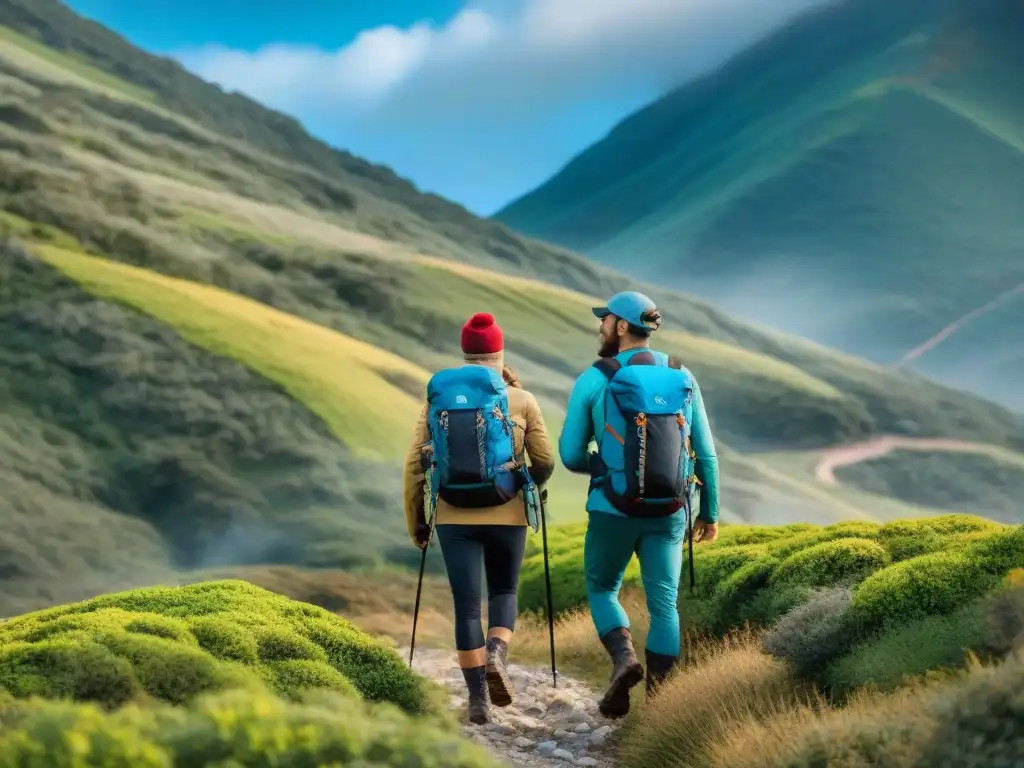 Grupo de excursionistas con indumentaria colorida recorriendo los verdes montes de Uruguay bajo cielo azul despejado, siguiendo un sendero