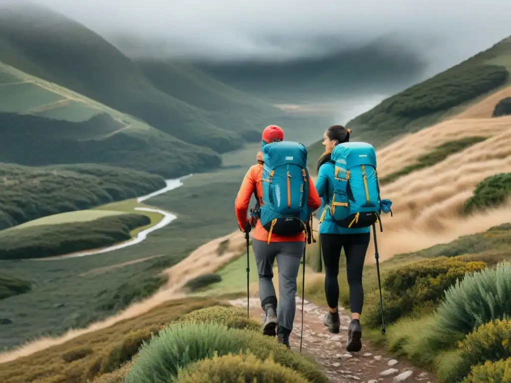 Un grupo de excursionistas con las mejores mochilas técnicas de soporte lumbar en paisajes de Uruguay