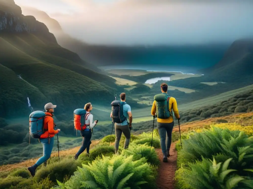 Un grupo de excursionistas con mochilas inteligentes para camping en Uruguay disfruta del trekking en la exuberante naturaleza