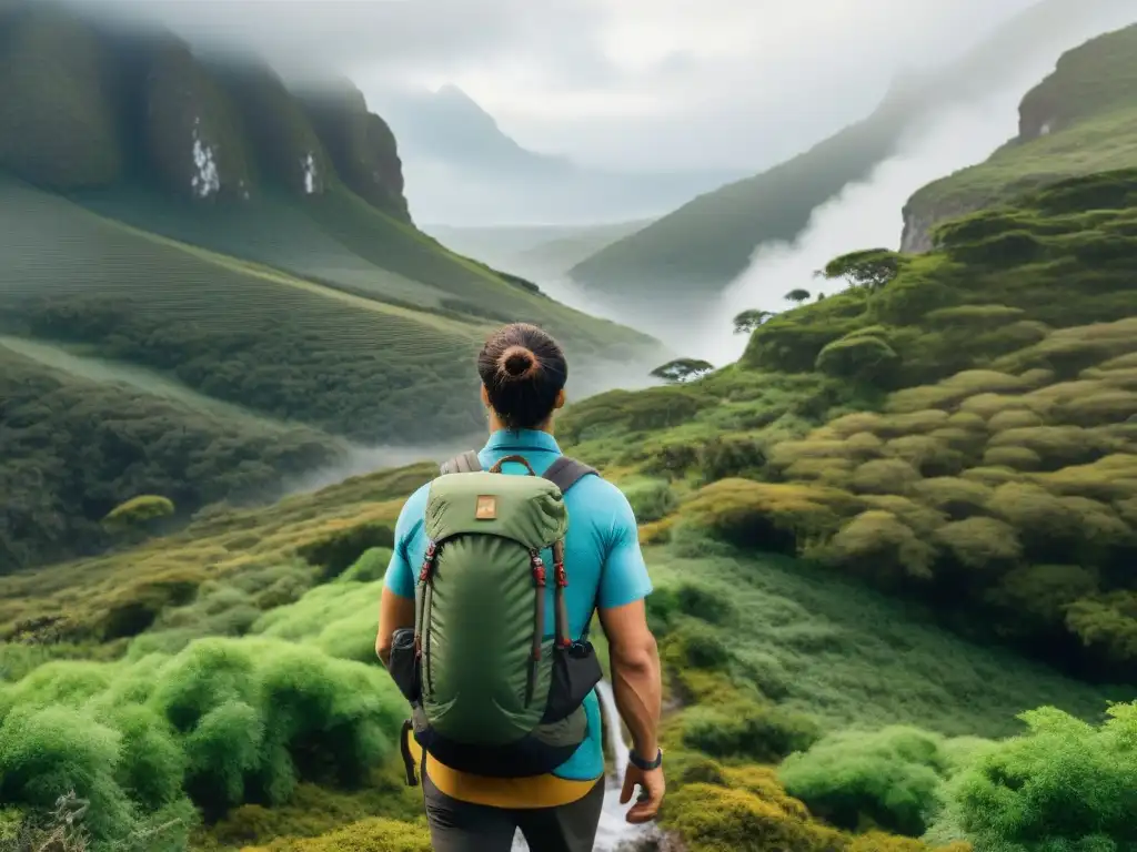 Un grupo de excursionistas con mochilas técnicas para camping en Uruguay, explorando bosques exuberantes