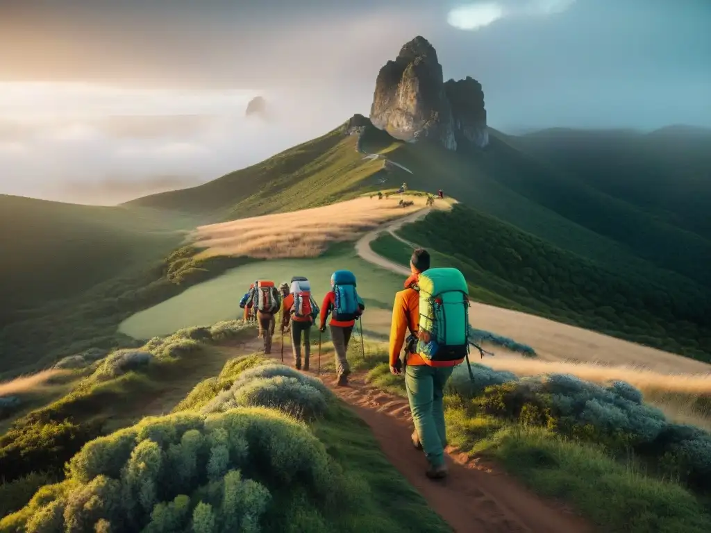 Un grupo de excursionistas con mochilas técnicas para camping en Uruguay, explorando terrenos escarpados con determinación y resistencia