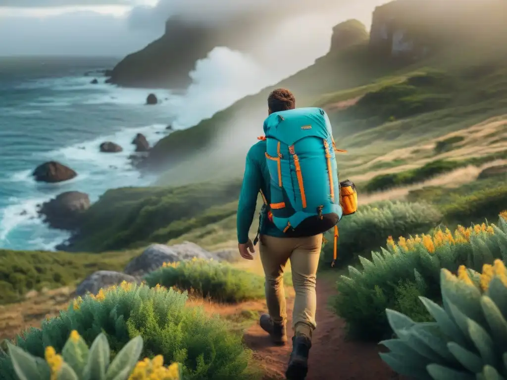 Grupo de excursionistas con mochilas técnicas explorando paisajes variados en Uruguay