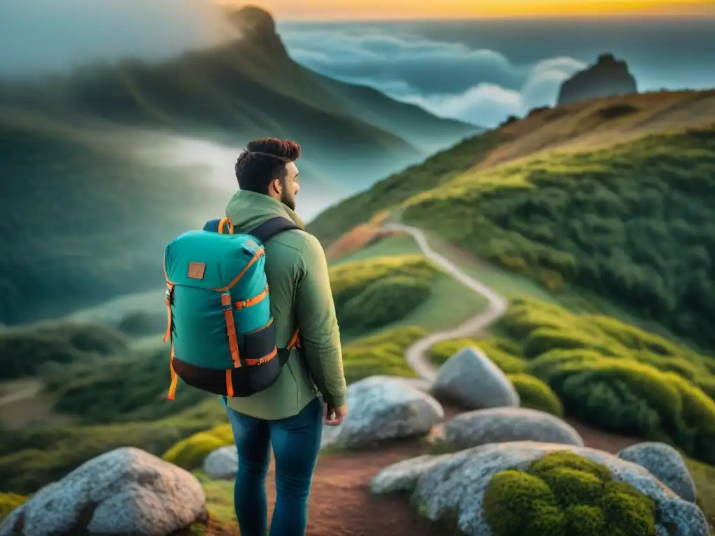 Grupo de excursionistas con mochilas técnicas de calidad superior en Uruguay, caminando en un bosque verde al atardecer