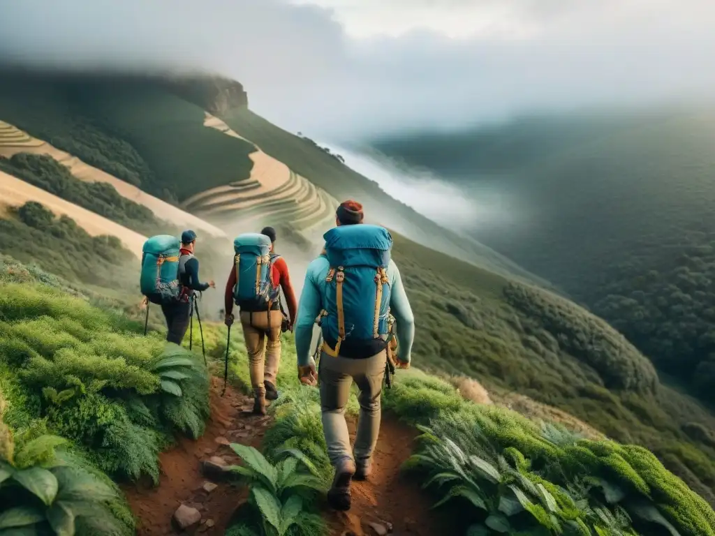 Un grupo de excursionistas con mochilas técnicas recorriendo el terreno agreste de Uruguay