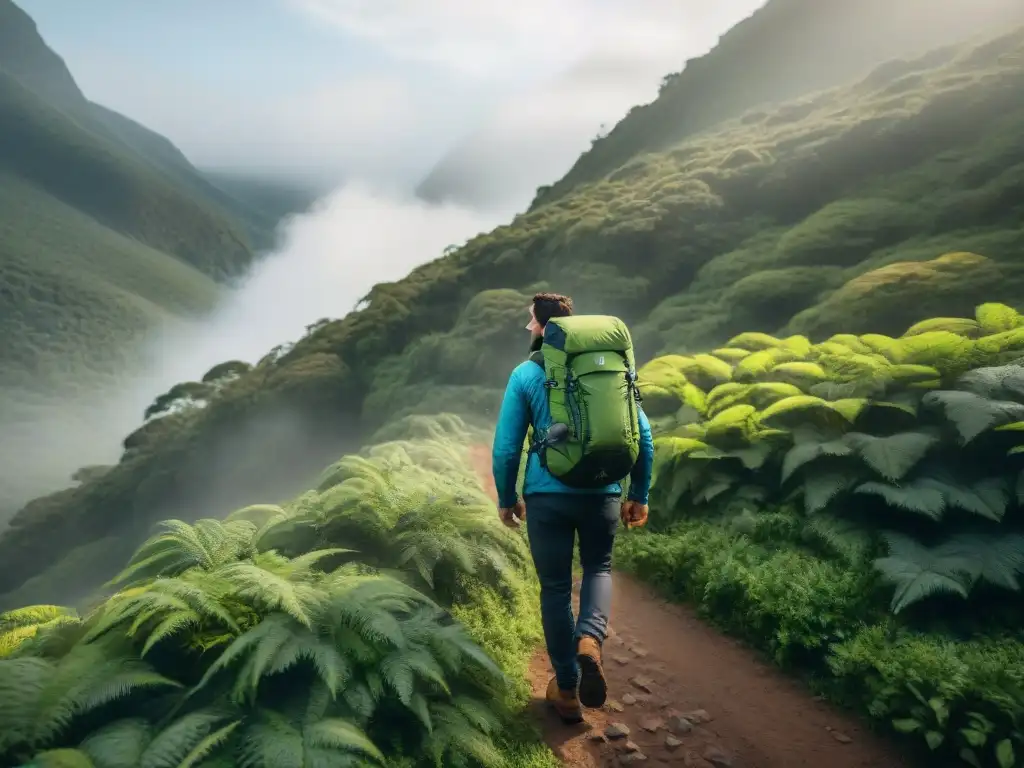 Grupo de excursionistas con mochilas técnicas en Uruguay, explorando bosques verdes con destellos de luz natural