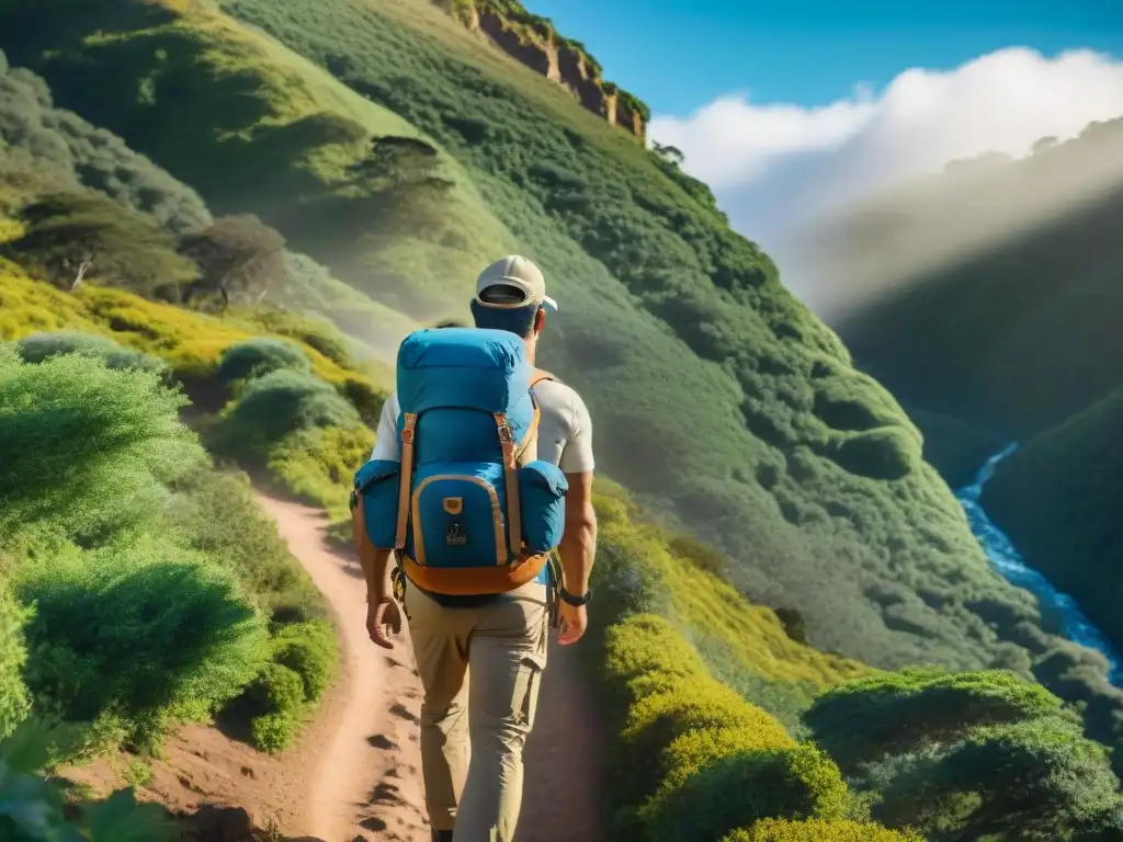 Grupo de excursionistas con mochilas técnicas para camping en Uruguay, explorando paisajes exuberantes y escarpados