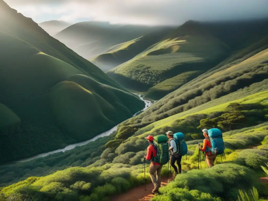 Un grupo de excursionistas con mochilas técnicas para camping en Uruguay, listos para la aventura en las montañas verdes