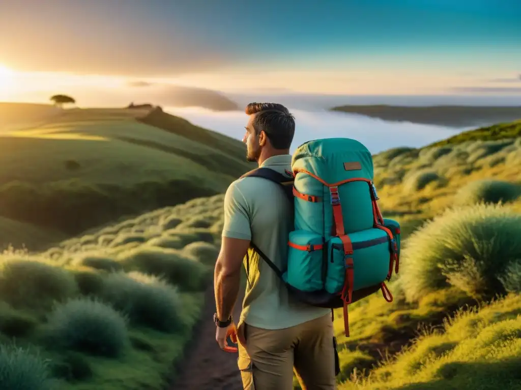 Un grupo de excursionistas con mochilas técnicas para camping en Uruguay, explorando la naturaleza al atardecer