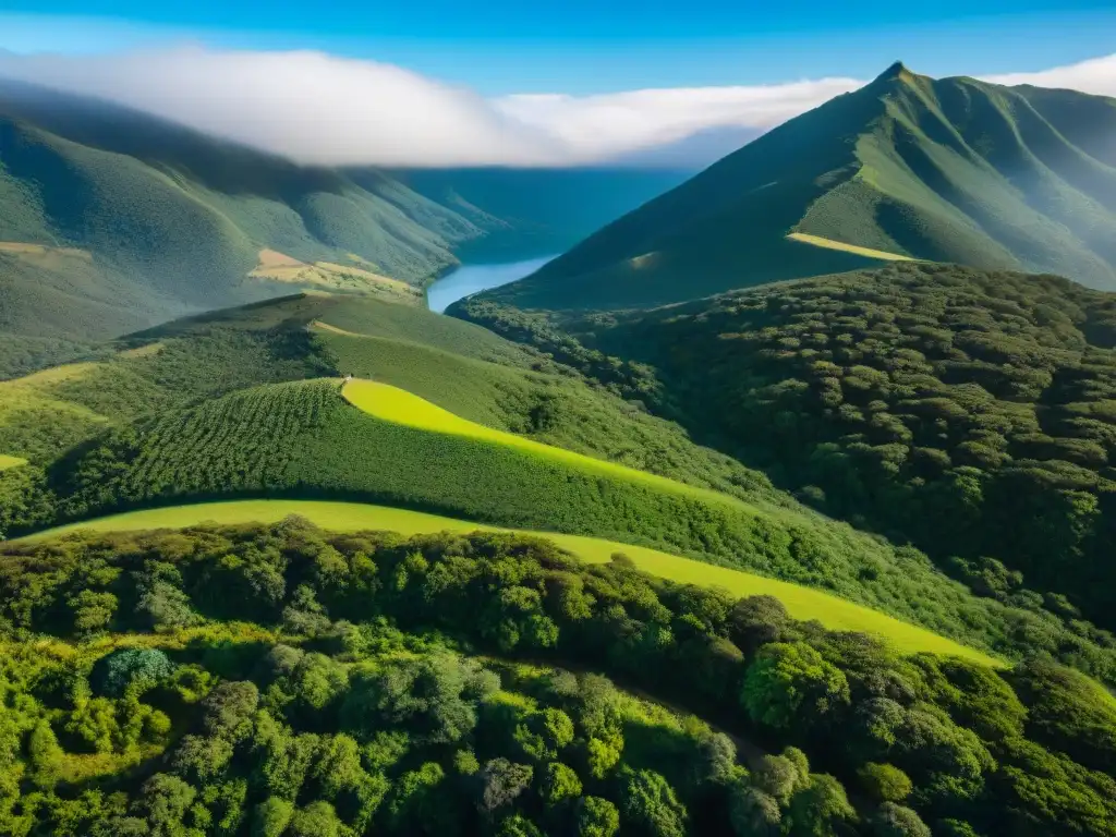 Un grupo de excursionistas atraviesa montañas verdes en Uruguay con GPS y brújulas para trekking