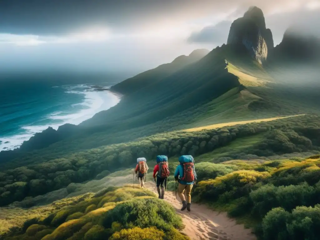 Un grupo de excursionistas recorre paisajes diversos en Uruguay con mochilas técnicas para camping, desafiando la naturaleza con determinación