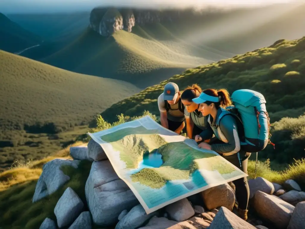 Grupo de excursionistas perdidos en la naturaleza de Uruguay, confundidos al mirar un mapa al atardecer