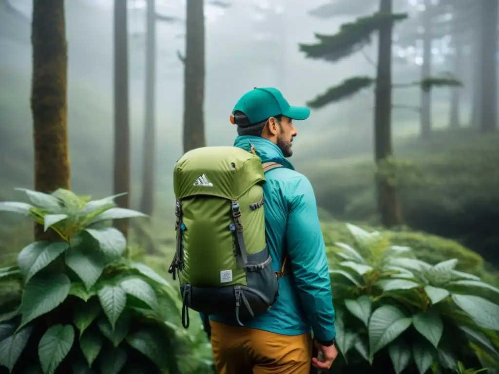 Grupo de excursionistas con ropa camping resistente intemperie explorando un bosque verde y soleado en Uruguay